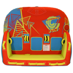 Top view of Fun 3 towable tube showing red, yellow, and blue design with three seats.