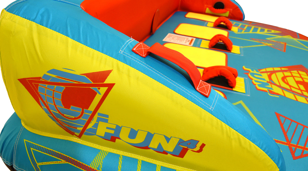 Detail of Fun 4 side logo and red handle on yellow and blue panel.