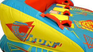 Detail of Fun 4 side logo and red handle on yellow and blue panel.