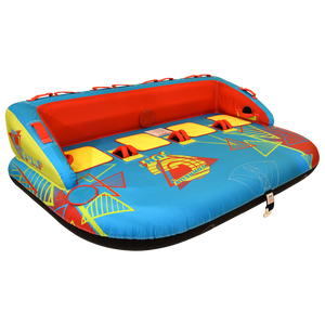 Angled front view of Fun 4 towable tube with red backrest and bright graphics.