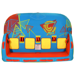 Top view of Fun 4 towable tube showing blue, yellow, and red design with four seats.