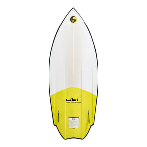 Bottom view of Jet wakesurf board showing yellow tail section and twin fin setup.