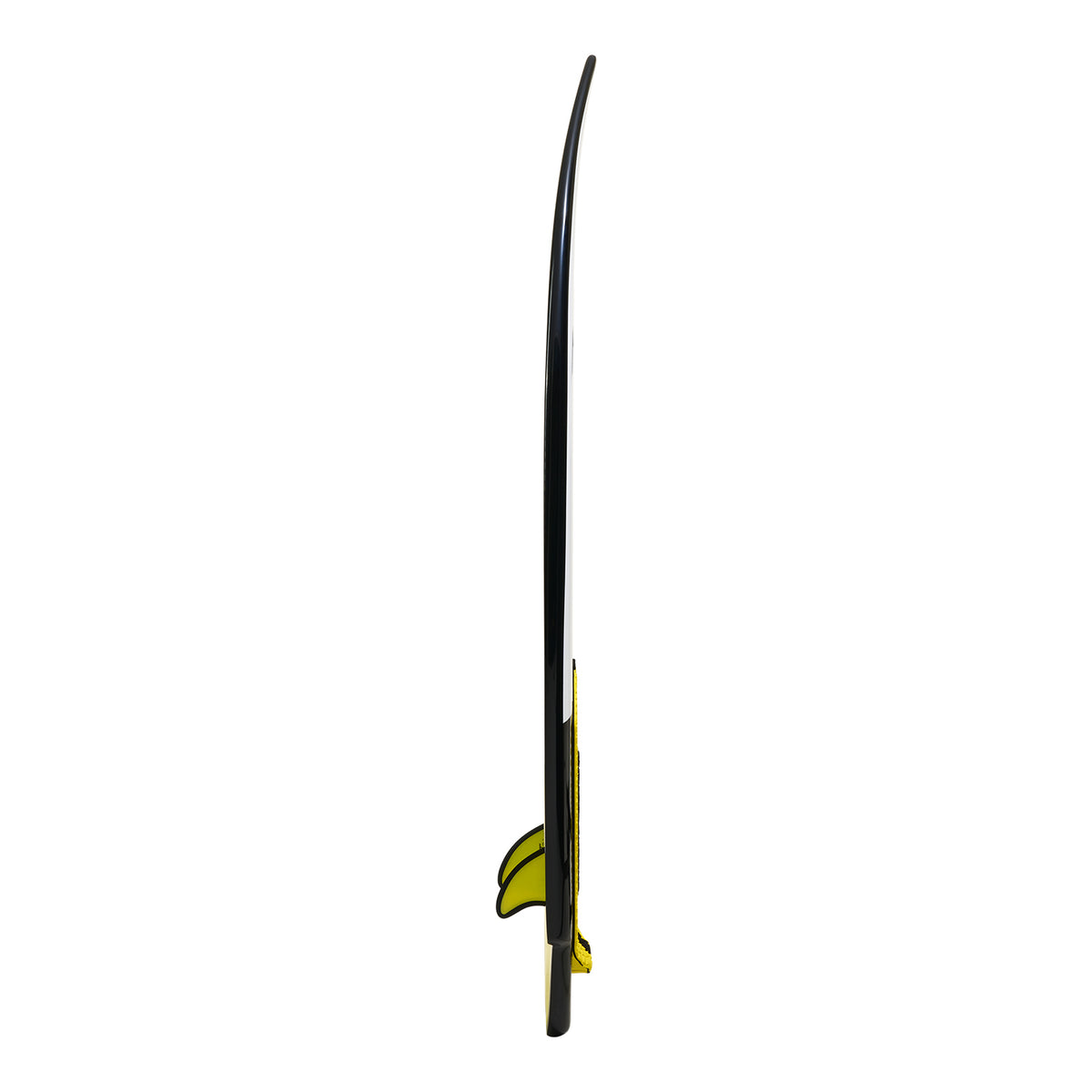 Side view of Jet wakesurf board showing board rocker and twin fin configuration.
