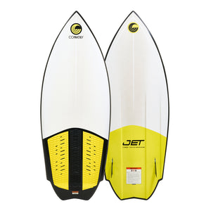 Top and bottom view of Jet wakesurf board in white and yellow with black traction pad.