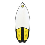 Top view of Jet wakesurf board with white deck and yellow and black traction pad.