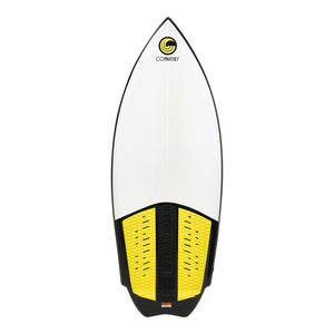 Top view of Jet wakesurf board with white deck and yellow and black traction pad.