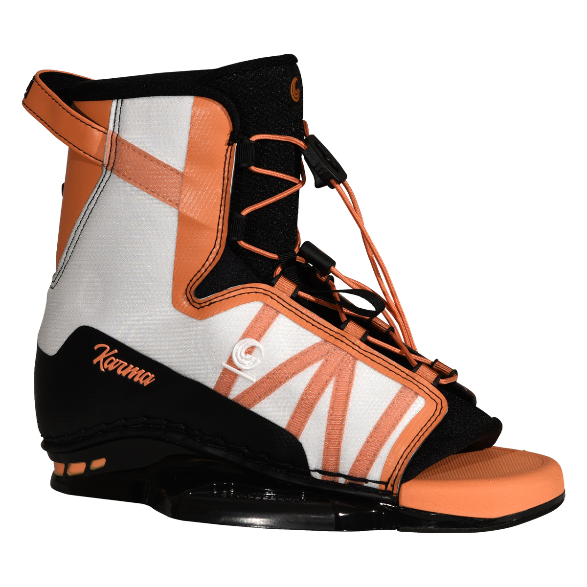 Angled side view of Karma binding showing orange accents and logo detail.