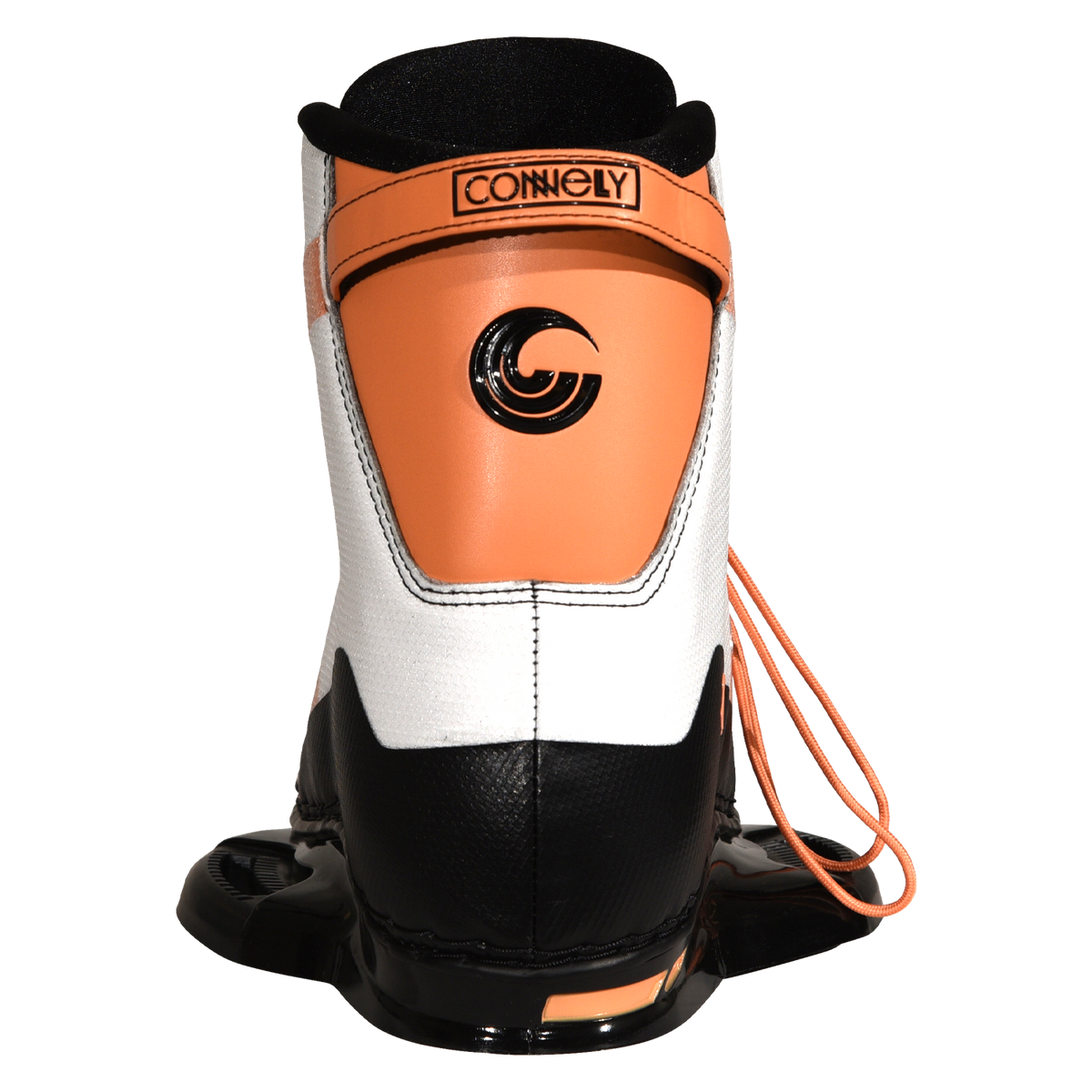 Rear view of Karma binding with orange pull strap and Connelly logo on heel.