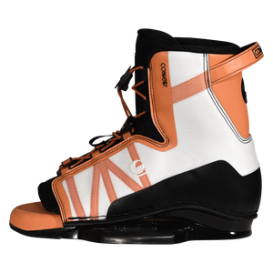 Side view of Karma binding with orange and white panels and black base.