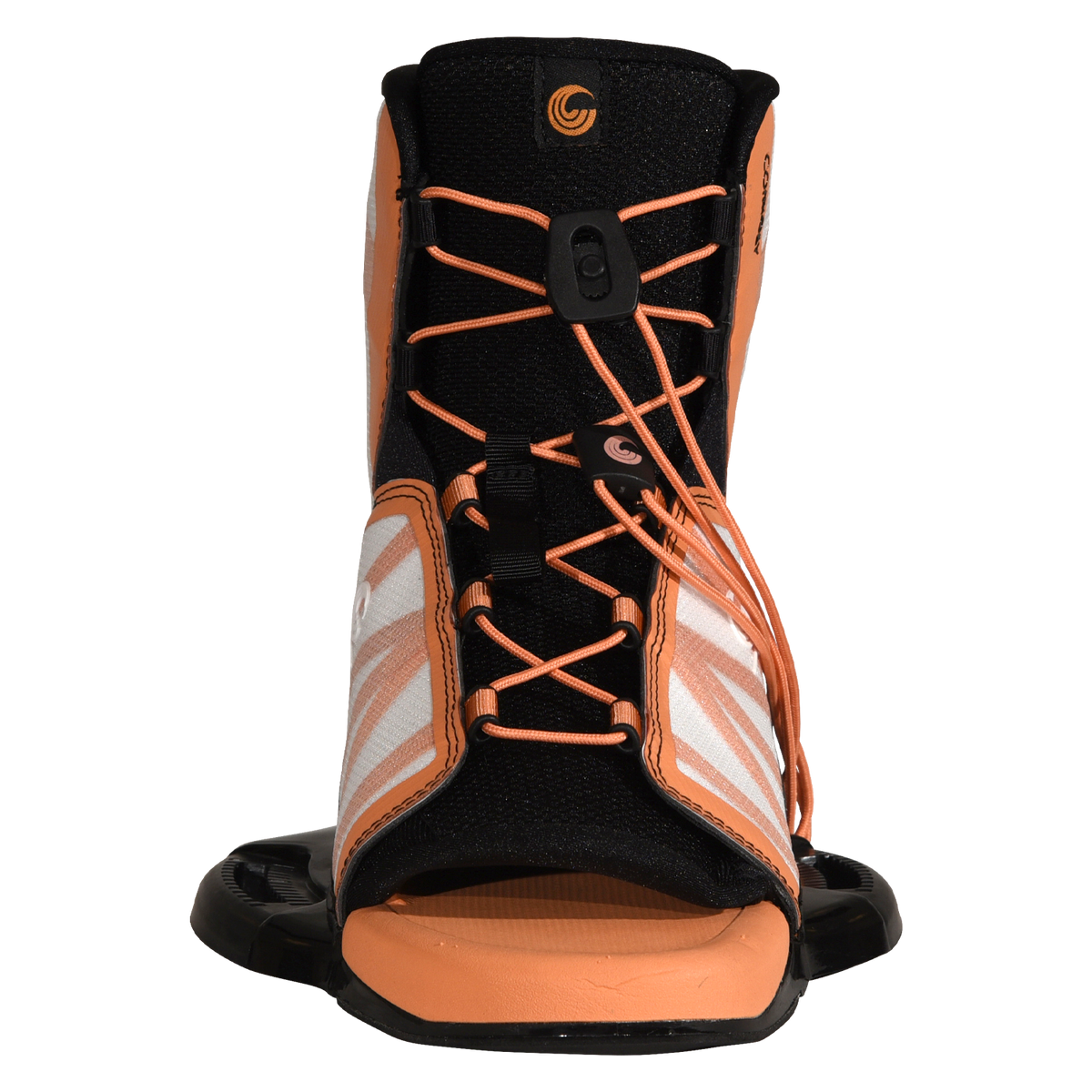 Front view of Karma binding with orange laces and open toe footbed.