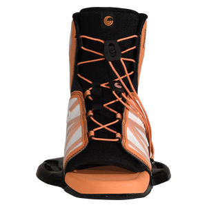 Front view of Karma binding with orange laces and open toe footbed.