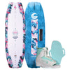 Top and bottom view of Lotus wakeboard in blue and pink pattern with mint and white Optima bindings.