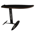 Side view of brown Pilot board with foil mounted, showing black Connelly-branded mast and wings.