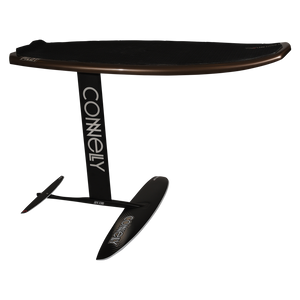 Side view of brown Pilot board with foil mounted, showing black Connelly-branded mast and wings.