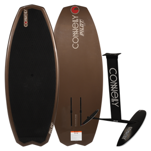 Top and bottom view of brown Pilot foil board with black deck pad and complete foil assembly.