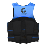 Back view of Men's Premium NEO vest in blue and black with logo printed on upper back.