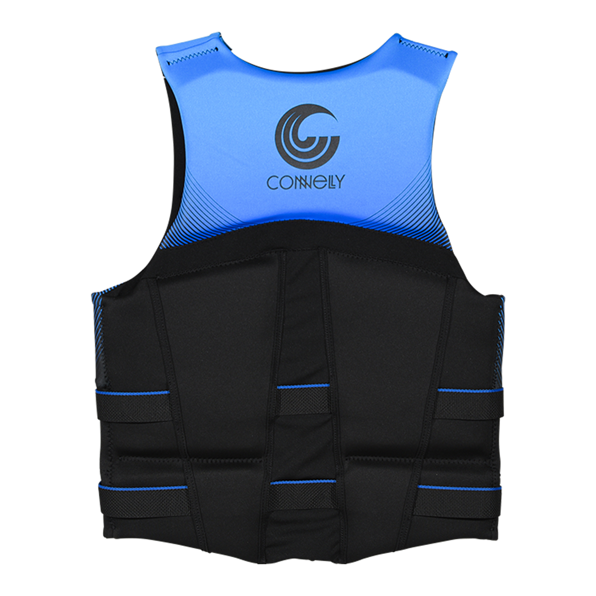 Back view of Men's Premium NEO vest in blue and black with logo printed on upper back.