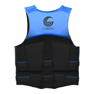 Back view of Men's Premium NEO vest in blue and black with logo printed on upper back.