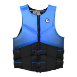Front view of Men's Premium NEO vest in blue and black with zipper and dual buckle straps.