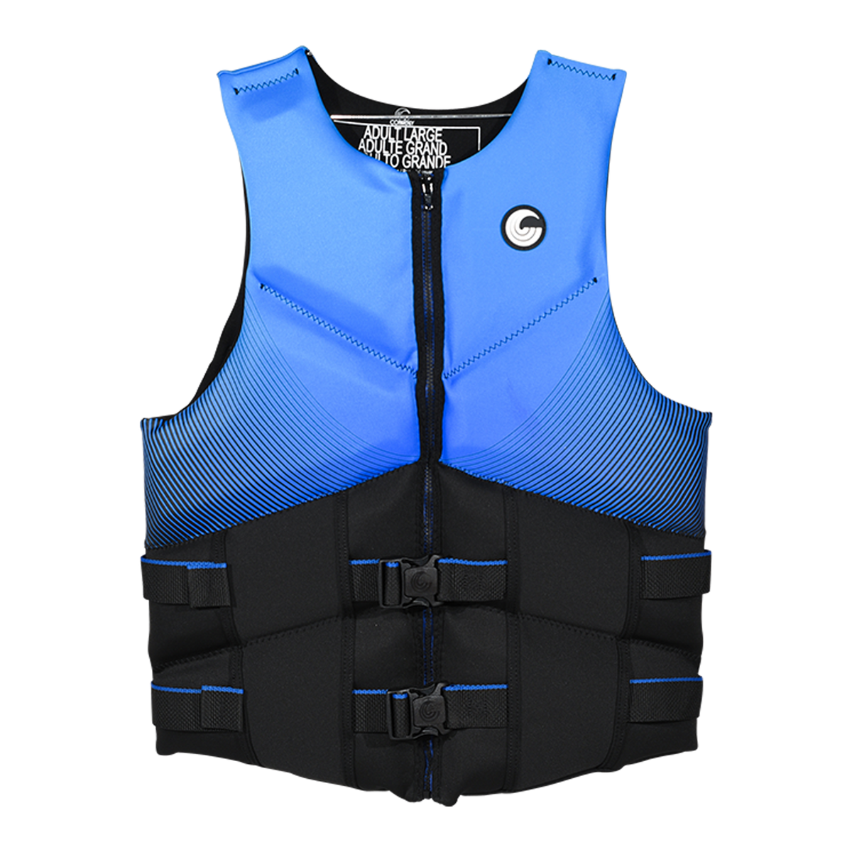 Front view of Men's Premium NEO vest in blue and black with zipper and dual buckle straps.