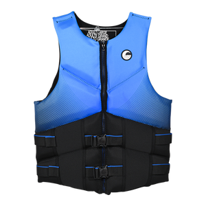 Front view of Men's Premium NEO vest in blue and black with zipper and dual buckle straps.