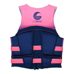 Back view of Women's Premium NEO vest in pink and navy with logo printed on upper back.