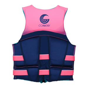 Back view of Women's Premium NEO vest in pink and navy with logo printed on upper back.