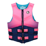 Front view of Women's Premium NEO vest in pink and navy with zipper and dual buckle straps.