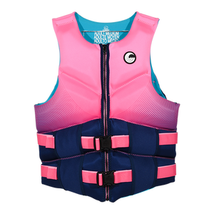Front view of Women's Premium NEO vest in pink and navy with zipper and dual buckle straps.