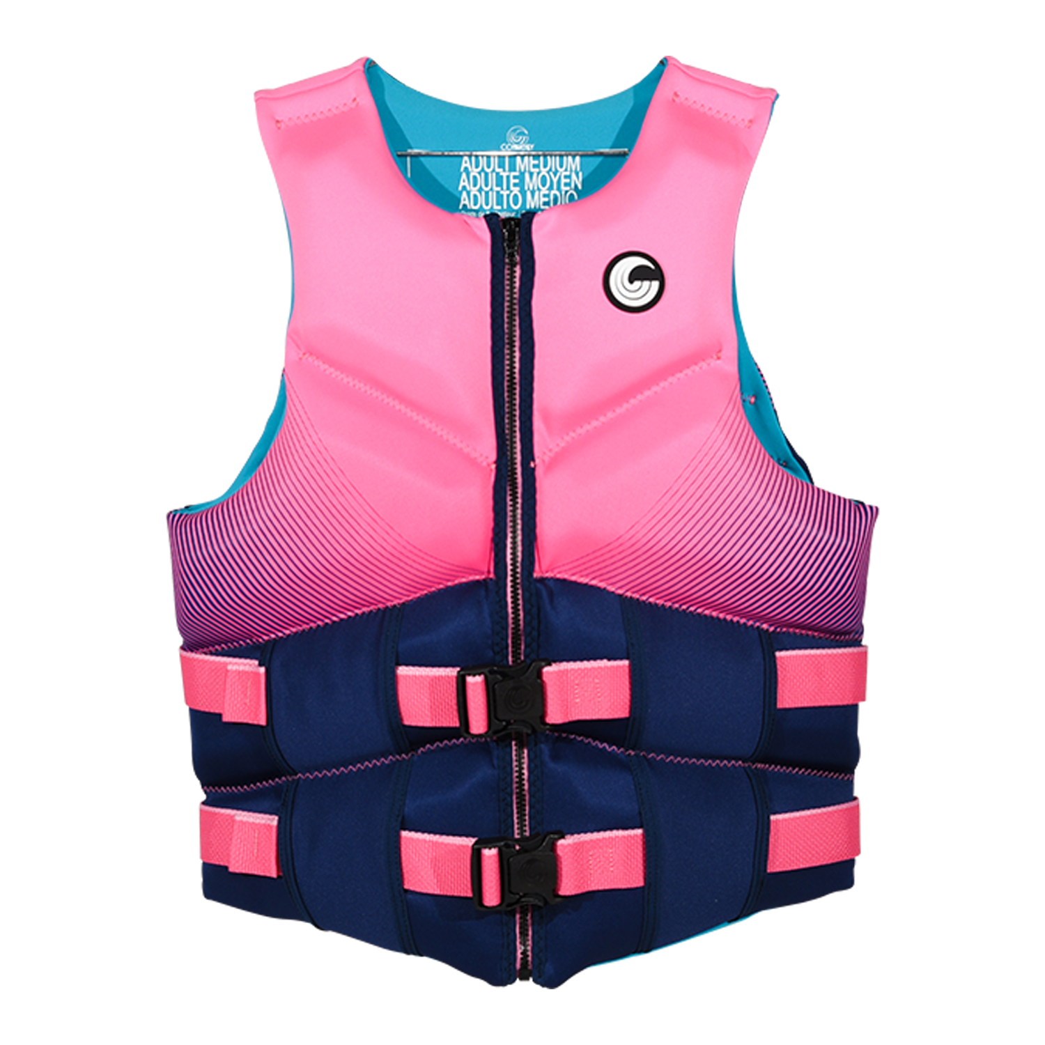 Front view of Women's Premium NEO vest in pink and navy with zipper and dual buckle straps.