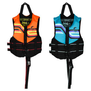 Front view of orange and blue Child Promo NEO life jackets with dual straps and safety leg loops.