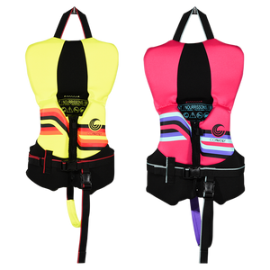 Front view of yellow and pink Infant Promo NEO life jackets with chest straps and leg loops.