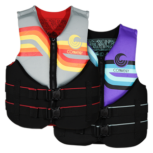 Front view of gray and purple Junior Promo NEO life jackets with zipper fronts and dual buckle straps.
