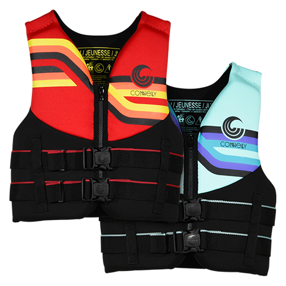Front view of red and teal Youth Promo NEO life jackets with dual buckle straps and zipper fronts.