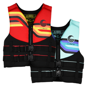 Front view of red and teal Youth Promo NEO life jackets with dual buckle straps and zipper fronts.
