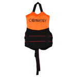 Back view of Child Promo NEO vest in orange and black with grab strap and bottom safety strap.