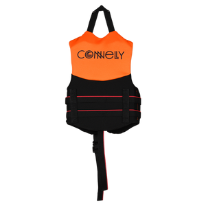 Back view of Child Promo NEO vest in orange and black with grab strap and bottom safety strap.