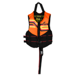 Front view of Child Promo NEO vest in orange and black with stripes, dual buckles, and safety strap.