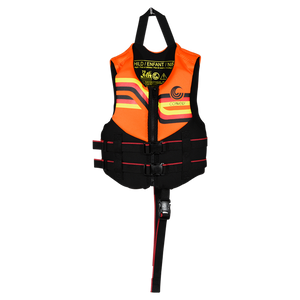 Front view of Child Promo NEO vest in orange and black with stripes, dual buckles, and safety strap.