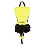Back view of Infant Promo NEO vest in yellow and black with grab strap and bottom safety strap.