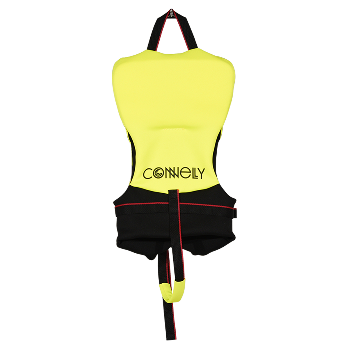 Back view of Infant Promo NEO vest in yellow and black with grab strap and bottom safety strap.