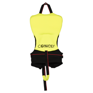 Back view of Infant Promo NEO vest in yellow and black with grab strap and bottom safety strap.