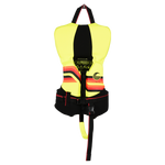 Front view of Infant Promo NEO vest in yellow and black with stripes, chest buckle, and safety strap.