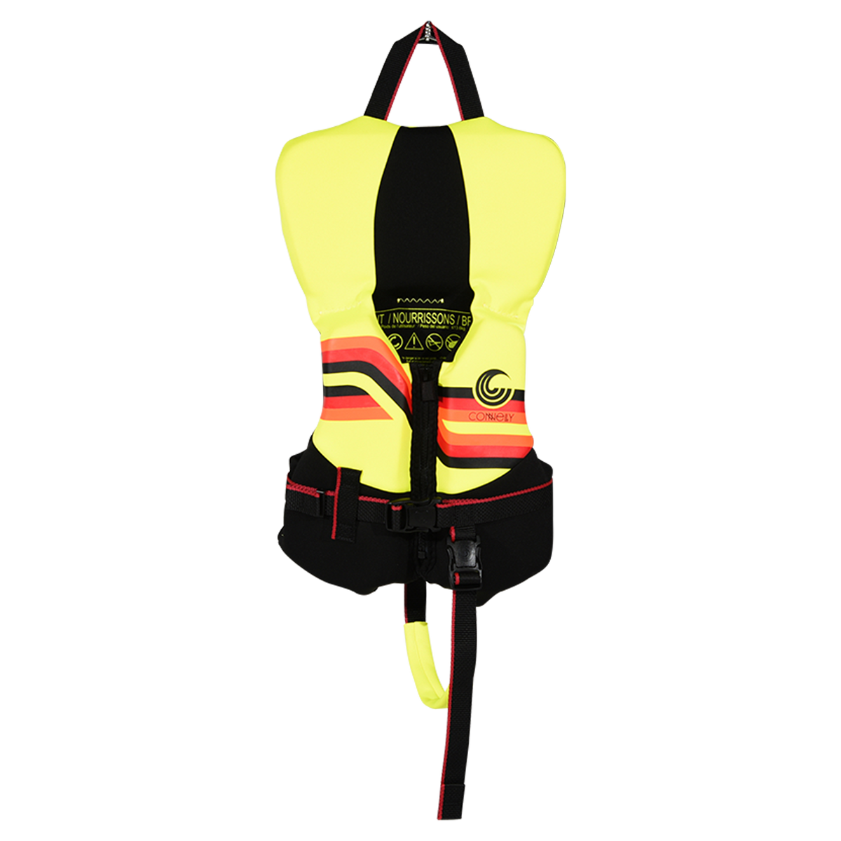 Front view of Infant Promo NEO vest in yellow and black with stripes, chest buckle, and safety strap.