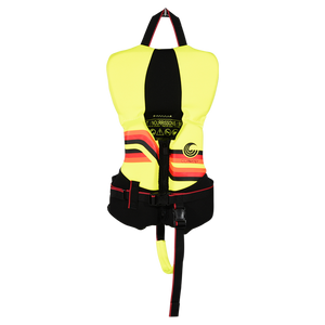 Front view of Infant Promo NEO vest in yellow and black with stripes, chest buckle, and safety strap.