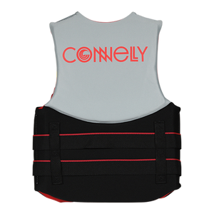 Back view of Junior Promo NEO vest in gray and black with horizontal straps and logo text.