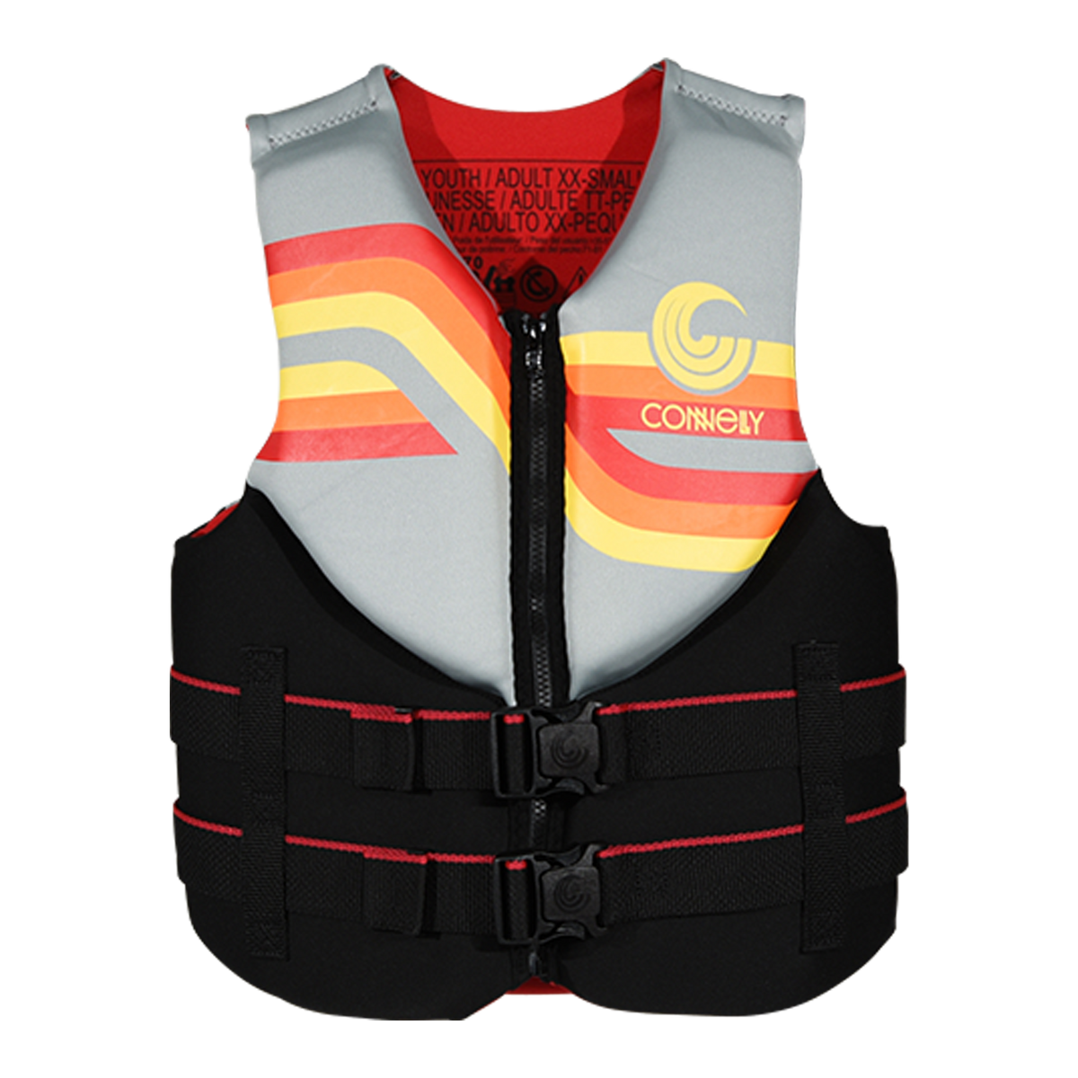 Front view of Junior Promo NEO vest in gray and black with red, yellow and orange stripes and buckles.