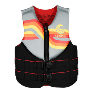 Front view of Junior Promo NEO vest in gray and black with red, yellow and orange stripes and buckles.