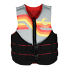 Front view of Junior Promo NEO vest in gray and black with red, yellow and orange stripes and buckles.