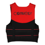 Back view of Youth Promo NEO vest in red and black with horizontal straps and logo text.